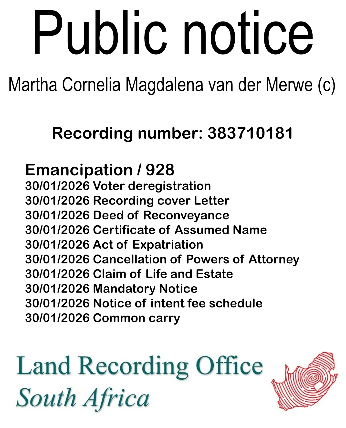 Public notice Martha Cornelia Magdalena van der Merwe (c) Recording number 383710181